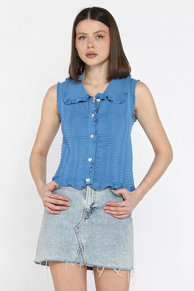 GÜLSELİ Indigo Women's Baby Collar Wave Patterned Knitwear Vest