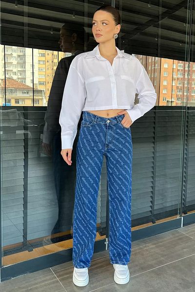 GÜLSELİ Navy Blue Wide Leg Lycra Women's Jean Jeans
