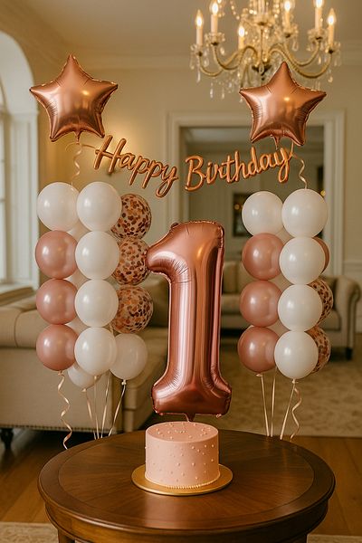 hediyeofisi Rose Gold Concept 1 Year Old Birthday Set Number and Star Foil Balloon Banner and 24 Balloons and Stamps