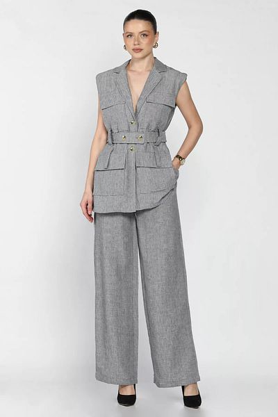 GÜLSELİ Dark Gray Women's Waist Belted Vest Trousers Double Set