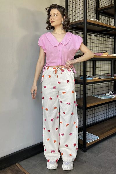 GÜLSELİ Taşorange Women's High Waist Tassel Detailed Palazzo Linen Trousers