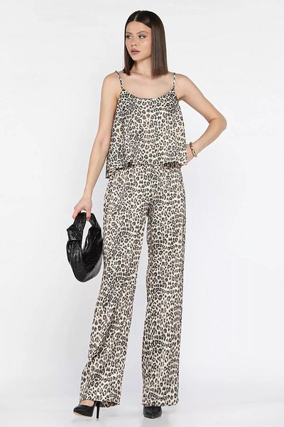 GÜLSELİ Leopard Pattern Leopard Pattern Rope Strap Satin Blouse Trousers Double Set