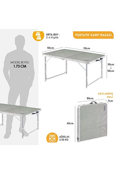 HAEGS Portatif Kamp Masası, 2 Yükseklik Ayarlı Katlanır Alüminyum Piknik Masası 90x50 Mermer Desenli