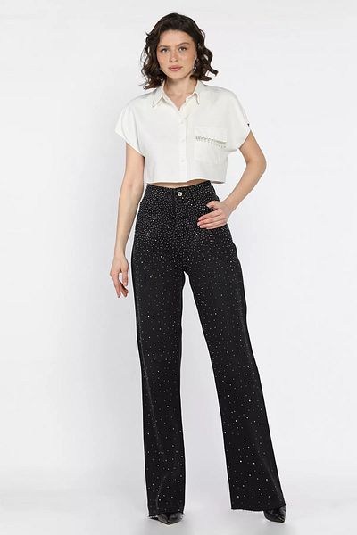 GÜLSELİ Black Women's Stone Embroidered Cut-Out Leg Jean Jeans