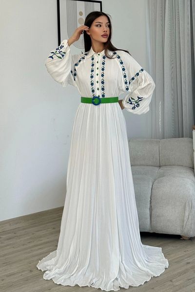 PHELDA Βαμβακερό φόρεμα Hijab με λεπτομέρεια κεντήματος και ζώνης 747-Λευκό/Πράσινο