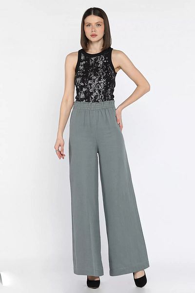 GÜLSELİ Dark Gray Women's Elastic Waist High Waist Wide Leg Palazzo Trousers