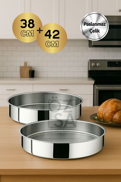 ÖzSa Home Stainless Steel Double Baking Tray Set Baklava Pastry Tray Round Baking Tray Set