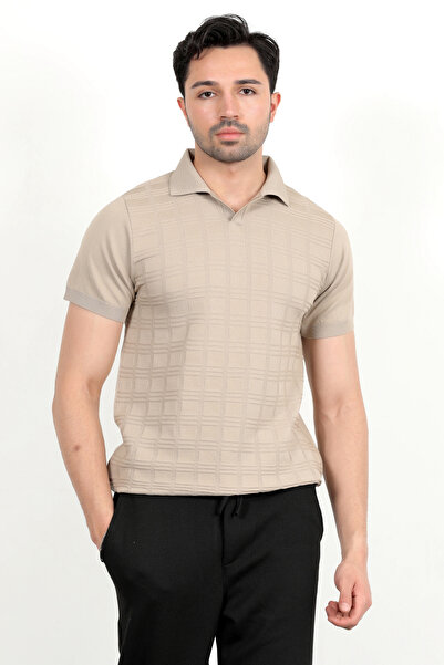 JB John Borners Ανδρικό μπλουζάκι με κοντό μανίκι με γιακά πόλο με υφή μπεζ - 2504