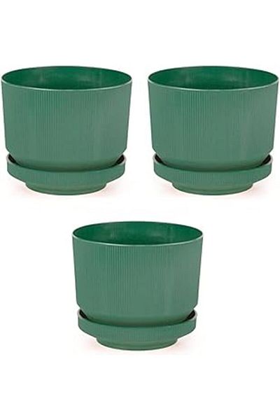 Mu Art Ahşap 3-Piece Plastic Plate Flower Pot 3 Pieces Green, 1.7Lt