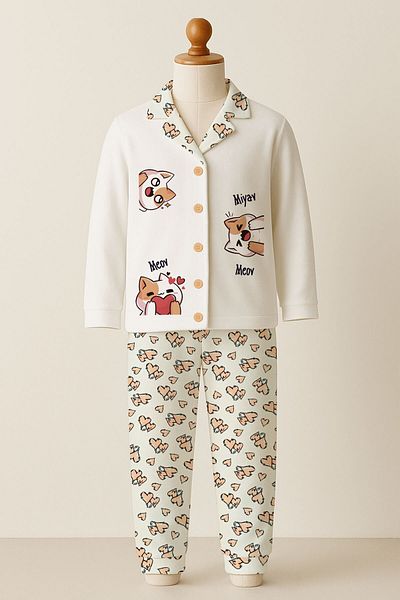 peki baby&kids Well Girl's Interlock Bumbac Inimă Model 3 Funny Cat Printed Pijama cu nasturi în față Set 18960