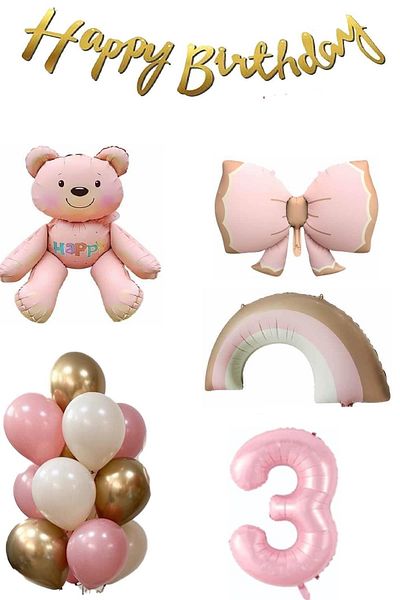 DÜVENCİ TİCARET Teddy Bear Rainbow Themed Baby Girl Concept Birthday Age Set