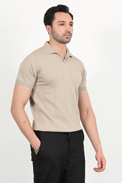 JB John Borners Ανδρικό μπλουζάκι με κοντό μανίκι με γιακά πόλο ριγέ πλεκτό μπεζ - 2503