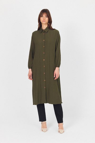 Rays Khaki Buttoned Sleeve Elastic Long Tunic 4507A