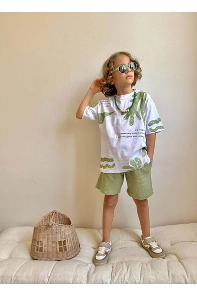 MİNİKO KİDS Boy's Cactus Patterned Cotton Suit with Muslin Shorts