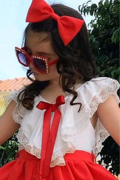 Riccotarz Girl's V-Neck Shoulder and Hem Lace Embroidered Red Dress