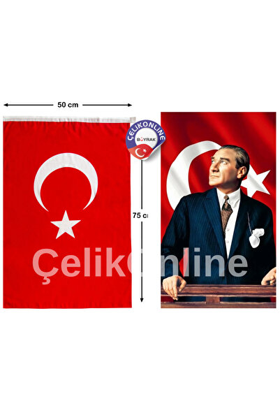 ÇELİKONLİNE Atatürk Posteri50x75 Cm Ve Türk Bayrağı Raşel Kumaş 50x75 Cm
