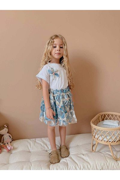 MİNİKO KİDS Girl's Short Sleeve Floral Patterned Holiday Skirt Suit