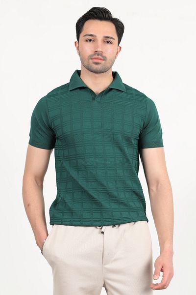 JB John Borners Men's Polo Neck Short Sleeve Textured Knitwear T-Shirt Green - 2504