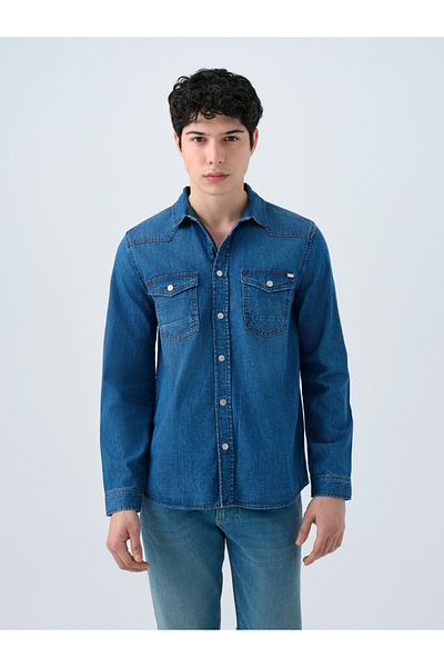 Loft 2035730 Light Blue Double Pocket Long Sleeve Denim Shirt with Snap Buttons