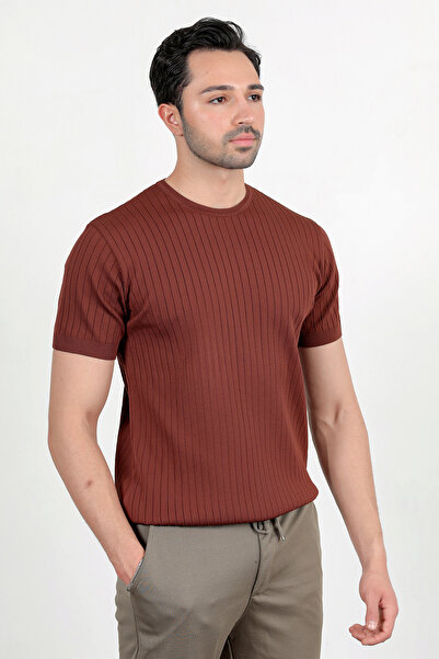 JB John Borners Ανδρικό πλεκτό μπλουζάκι με κοντό μανίκι με λαιμόκοψη καφέ - ...