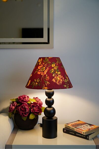 retro home design Özel Siyah Ayaklı Kırmızı Çiçekli Baskı Kumaş Konik Dekoratif Abajur Yatak Odası Salon