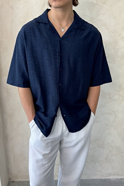 HYMAN Чоловіча сорочка з великим коміром, коротким рукавом та з льону