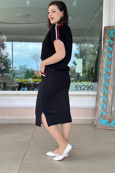 İnce Topuk Striped Modal Fabric Skirt Suit 5Y290