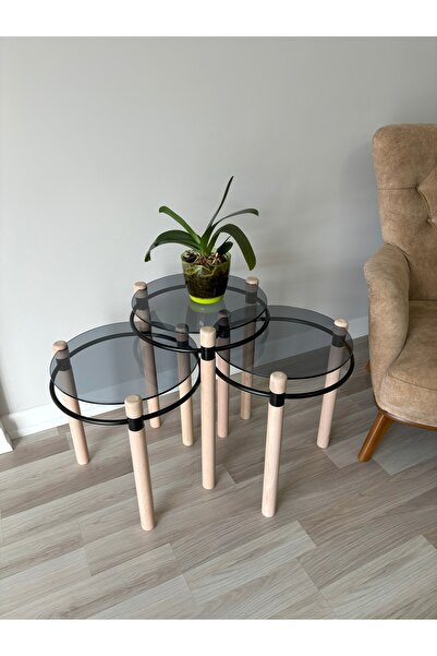 TOLUNAY Yonca Zigon Sehpa Ahşap ve Metal Füme Cam Akça