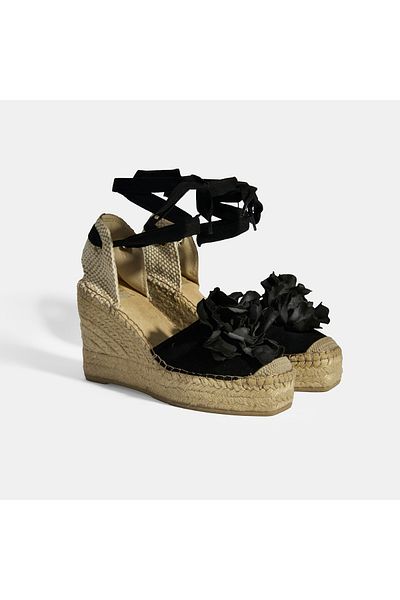 Desa Limited Edition Black Women's Floral Accessory Jute Lace-Up Wedge Heeled Suede Espadrille
