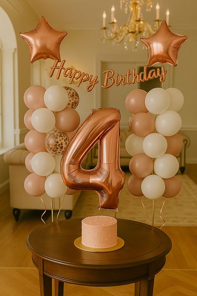 hediyeofisi Rose Gold Concept 4 Year Old Birthday Set Number and Star Foil Balloon Banner and 24 Balloons and Stamps