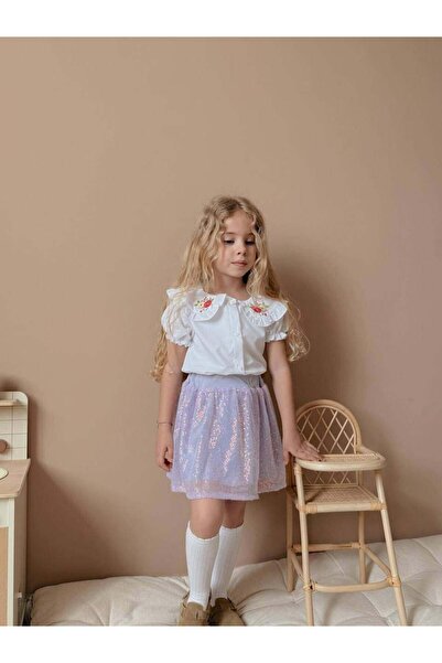 MİNİKO KİDS Girl's Short Sleeve Shirt with Sequin Skirt Holiday Suit