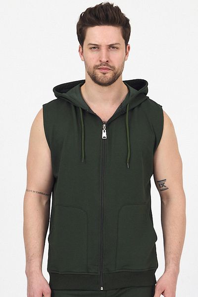 DAMGA JEANS Men's Hooded Sleeveless Zippered Summer Long Khaki Sweat Vest