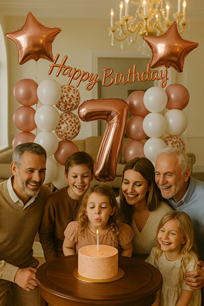 hediyeofisi Rose Gold Konsepti 7 Yaş Doğum Günü Seti Rakam Ve Yıldız Folyo Ba...