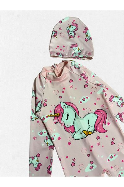 Fil Kids Girl's Pink Unicorn Heart Pattern Long Sleeve Tight Woven Quick Dry Bonnet Swimsuit