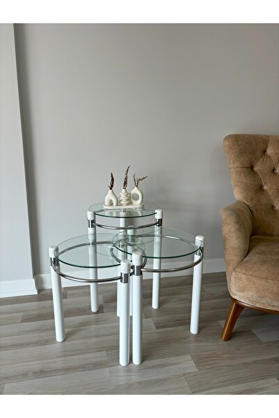 TOLUNAY Yonca Zigon Sehpa Ahşap ve Metal Şeffaf Cam Beyaz