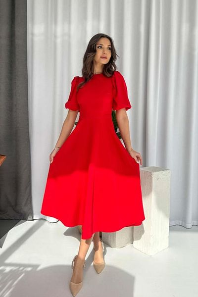 moda wanilia Women's Balloon Sleeve Skirt Flared Midi Crepe Dress