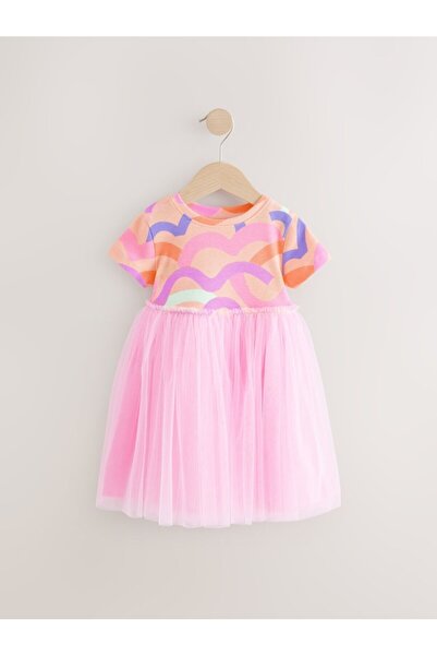 Next Baby Cotton Pink Rainbow Patterned Short Sleeve Tutu Dress