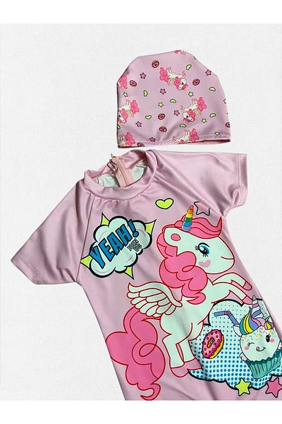 Fil Kids Girl's Pink Unicorn Donut Pattern Short Sleeve Quick Dry Tight Woven Bonnet Swimsuit