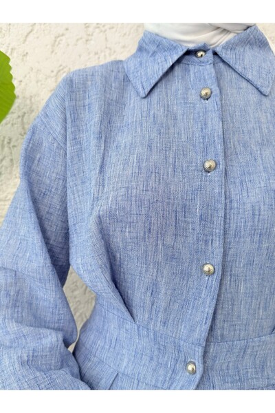 Modamorfo Rochie de in cu jumătate de nasturi cu talie elastică -Albastru