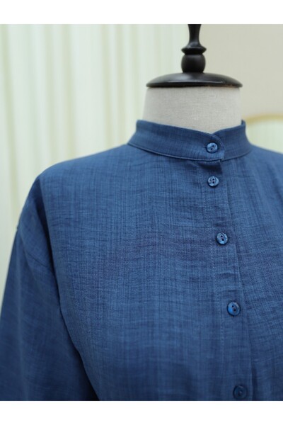 Modamorfo Λινό φόρεμα με γιακά με μισό κουμπί - Indigo