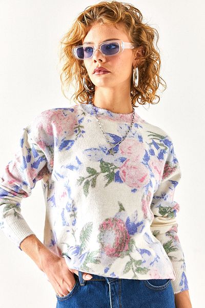 Olalook Women's Ecru Saks Blue Crew Neck Patterned Soft Textured Premium Knitwear Sweater KZK-19000611
