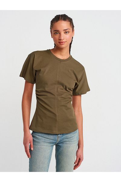 Dilvin 31585 Drape Detailed T-Shirt-Khaki