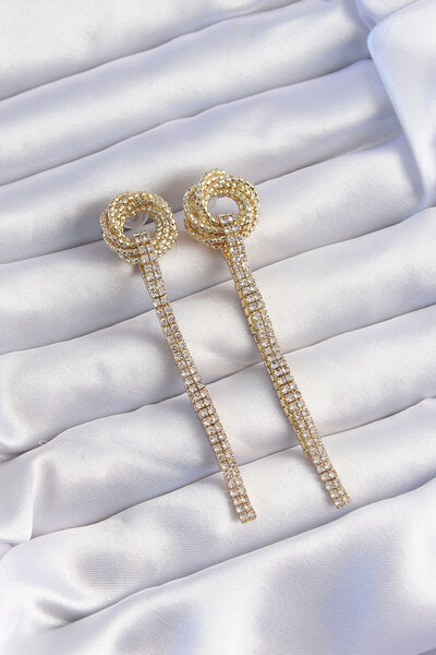 SeyCey.co أقراط متدلية بتفاصيل منحنية من حجر الزركون باللون الذهبي النحاسي