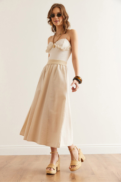 Olalook Women's Ecru Guipure Belt Detailed Pocket Buckle Linen Skirt Etk-19000299