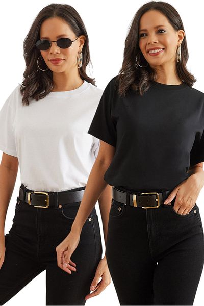 Olalook Tricou pentru femei, negru, alb, din bumbac, cu croiala normală, pachet de 2 TSH- 19000830