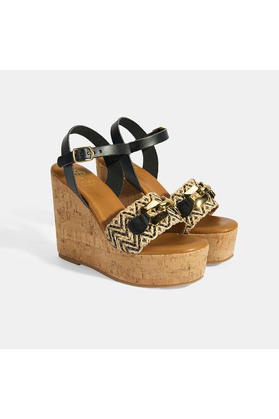 Desa Women's Black Buckle Accessory Leather Detailed Wedge Heeled Sandals