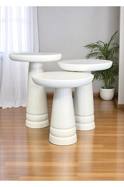 ASELYA HOME Doğal Ahşap 3’lü Set Krem Mantar Yan Sehpa Modern Fiskos Zigon Çiçeklik