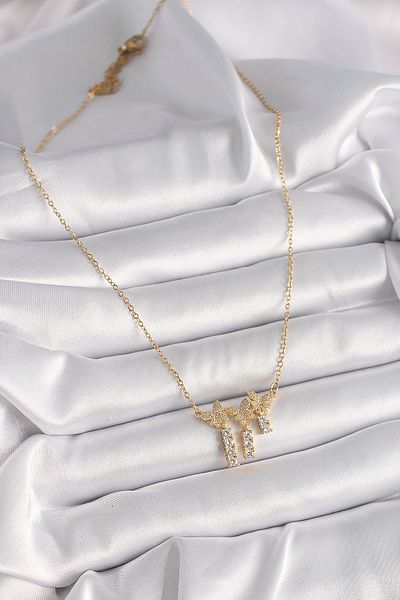Clariss 316L Steel Gold Color Chain Zircon Stone Butterfly Model Dangle Detail Women's Necklace