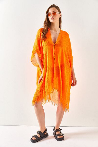 Olalook Women's Orange Slit Laced Pareo Kimono KMN-00000063
