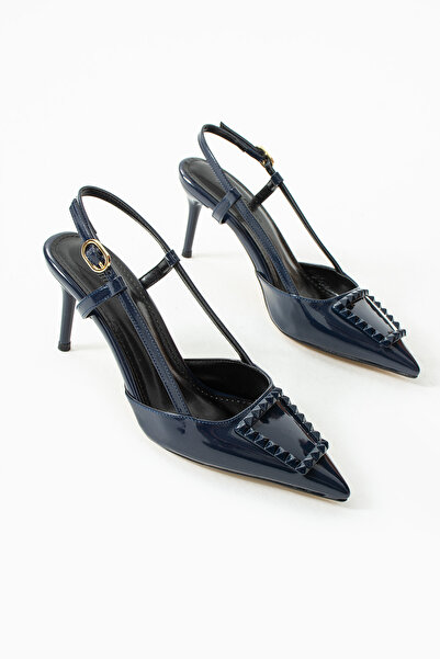 Güllü Shoes Shiny Navy Blue Stiletto | Vegan Leather, 7cm Heels, Ankle Strap, Buckle Pointed Toe Stylish Heels